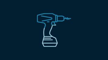 White Electric cordless screwdriver icon isolated on blue background. Electric drill machine. Repair tool. 4K Video motion graphic animation.
