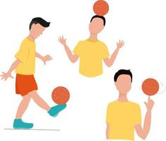 A set of illustrations on the theme of football, young guys do tricks with the ball, stuff the ball, twist the ball on the head, spin the ball on the finger vector