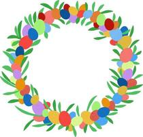 Easter decorative frame made of painted Easter eggs and decorative leaves, colorful Easter eggs vector