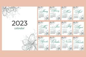 Calendar 2023, minimalism, flowers linear sketch, calligraphy and decor with abstract splashes vector