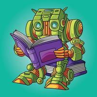 robot leyendo libro sentado en apilar libro vector