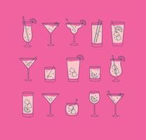 alcohol bebidas y cócteles icono conjunto en plano línea estilo en Rosa antecedentes. vector