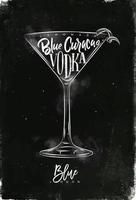Blue lagoon cocktail lettering lemonade, blue curacao, vodka in vintage graphic style drawing with chalk on chalkboard background vector