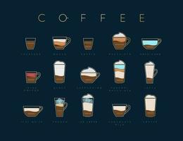 Poster flat coffee menu with cups, recipes and names of coffee drawing horisontal on dark blue background vector