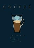 Poster coffee freddo with names of ingredients drawing in flat style on dark blue background vector