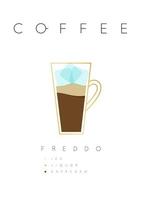 Poster coffee freddo with names of ingredients drawing in flat style on white background vector