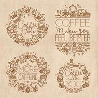 Coffee icon monograms in old flat style, drawing with brown lines on kraft background lettering coffee time, coffee makes you feel better, more than caffeine, coffee charges you vector