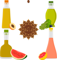 Various sweet tasty oil in glaas bottles png