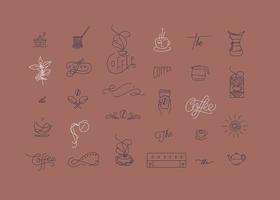 Set of minimalism modern coffee elements for your design drawing in flat line style on coral background vector