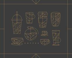 Set of creative modern art deco coffee cups in flat line style drawing on dark background. vector