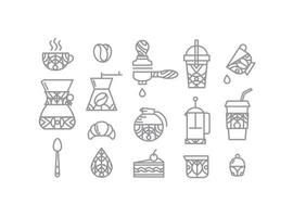 Coffee icons in flat style drawing by thin grey lines on white background vector