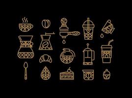 Coffee icons in flat style drawing by thin gold color lines on black background vector