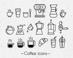 Coffee icons execution lines in minimalistic style symbol coffee cup, coffee, french press, plastic cups on paper background vector