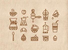 Coffee icons in flat style drawing by thin brown lines on kraft background vector