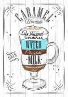 Poster coffee caramel macchiato in vintage style drawing on wood background vector