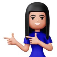 feliz animado mulher apontando para a lado, fofa desenho animado personagem, 3d Renderização png