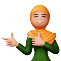 Happy excited woman pointing to the side, Cute cartoon character, 3d rendering png