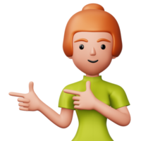 Happy excited woman pointing to the side, Cute cartoon character, 3d rendering png