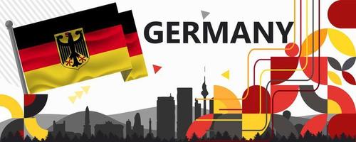 Germany National day or Deutschland banner abstract geometric shapes, berlin landscape landmarks. German flag and map. Red yellow vector