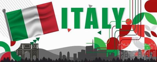 Italia national day banner design. Italian flag and map theme with Rome landmark background. Abstract geometric retro shapes of red and green color. Italy Vector illustration.