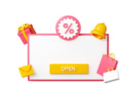 Discount reminder 3d render template - white banner with empty space for text, percent sign and push button. png