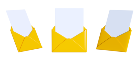 Mail 3d render - open yellow paper envelope with blank card. Set of letter with template for notice or message. png