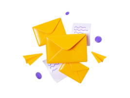 Mailing list with news 3d render - closed and open yellow envelope with papers text message and flying paper planes. png