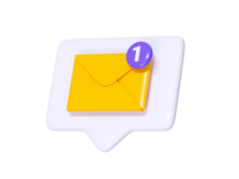 Message notification 3d render - yellow closed envelope with number notice on white speech bubble. png