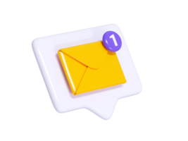 Message notification 3d render - yellow closed envelope with number notice on white speech bubble. png