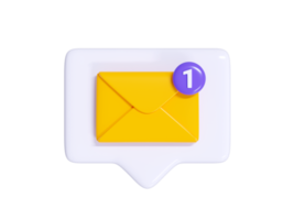 Message notification 3d render - yellow closed envelope with number notice on white speech bubble. png