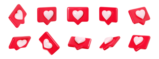 Speech bubble with heart 3d render icon set - red love message or social media like notifications. png