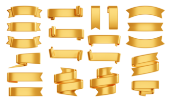 Golden ribbon banner 3d render - set of gold glossy text box for sale or discount promotion sign. png
