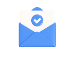 Open letter with card and check mark 3d render - blue envelope with white paper and check. png