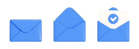 Letter 3d render set - blue envelope collection closed and open with paper. Sending newsletter or subscription concept. Icons for sending message by mail. png