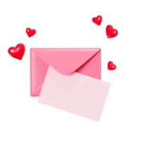 Love letter 3d render - open pink envelope with paper card and flying red heart decoration. png