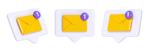 Message notification 3d render - yellow closed envelope with number notice on white speech bubble. png