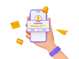 recordatorio 3d hacer - móvil teléfono en mano con notificación página y flotante elementos en púrpura. png