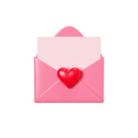 Love letter 3d render - open pink envelope with paper card and red heart decoration. png