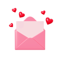 Love letter 3d render - pink envelope closed and open with paper card and red heart decoration. png