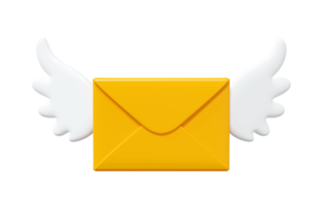 Flying letter with wings 3d render illustration. Cartoon winged paper yellow envelope for fast delivery of newsletter. png
