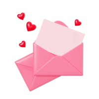 Love letter 3d render - pink envelope closed and open with paper card and red heart decoration. png