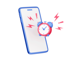 Clock alarm on mobile phone 3d render - jumping and ringing red and blue watch with lightning around. png