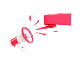 Loudspeaker 3d render - red megaphone banner with empty space for text for announcement or advertising message. png