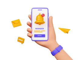 recordatorio 3d hacer - móvil teléfono en mano con notificación campana, botón y flotante elementos en púrpura. png