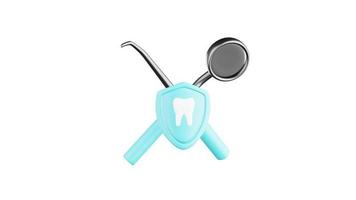 animation de dentaire instruments et une bleu bouclier avec le image de une dent. haute qualité 3d rendre 4k vidéo sur blanc Contexte