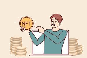 hombre con oro moneda con inscripción nft se inclina fuera de ordenador portátil pantalla mientras comercio digital Arte a subasta. concepto de venta virtual contenido en Internet y en línea distribución de nft tokens vector