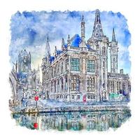 Ghent Belgium Watercolor sketch hand drawn illustration vector