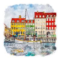 nyhavn kobenhavn dinamarca boceto acuarela dibujado a mano ilustración vector