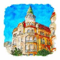 Architecture Romania Watercolor sketch hand drawn illustration vector