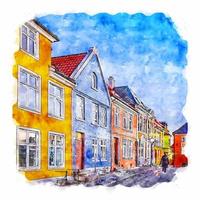 Bergen Hordaland Watercolor sketch hand drawn illustration vector